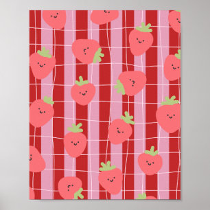 Affiche Rayures roses et rouges, avec des fraises