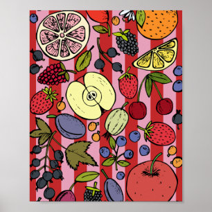 Affiche Rayures roses et rouges avec des fruits colorés