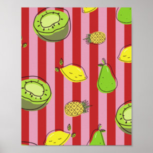Affiche Rayures roses et rouges avec motif de fruits