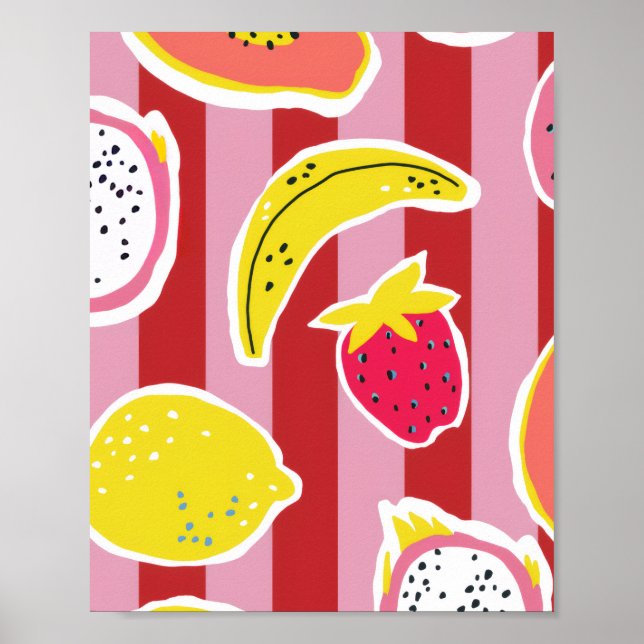 Affiche rayures rouges et roses avec des fruits tropicaux (Devant)