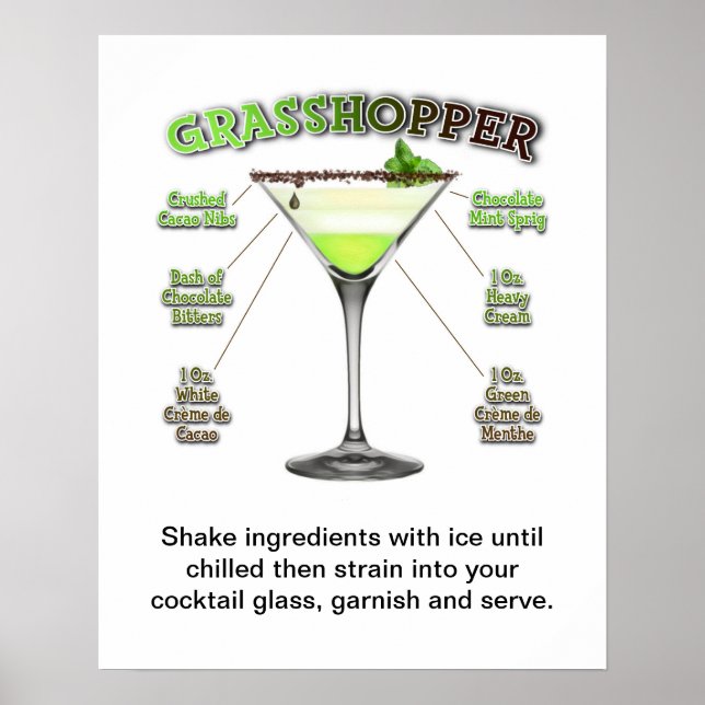 AFFICHE RECETTE DE COCKTAIL GRASSHOPPER ART 16" X 20" (Devant)