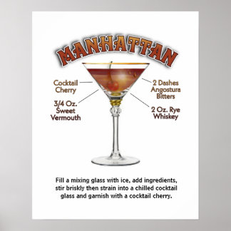 Affiche Recette de cocktail Manhattan Art 16"x20" Imprimer