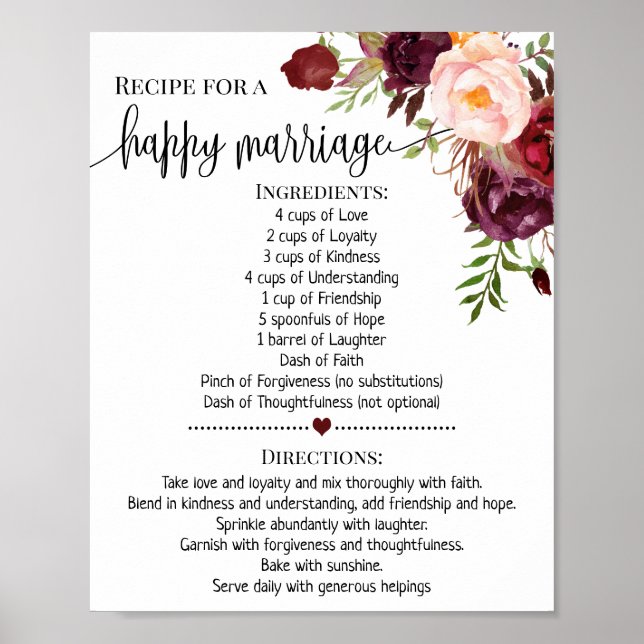 Affiche Recette pour mariage heureux douche marsala signe  (Devant)
