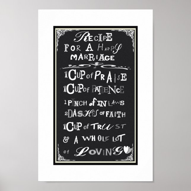 Affiche Recette pour un mariage heureux Cadeau Mariage idé (Devant)