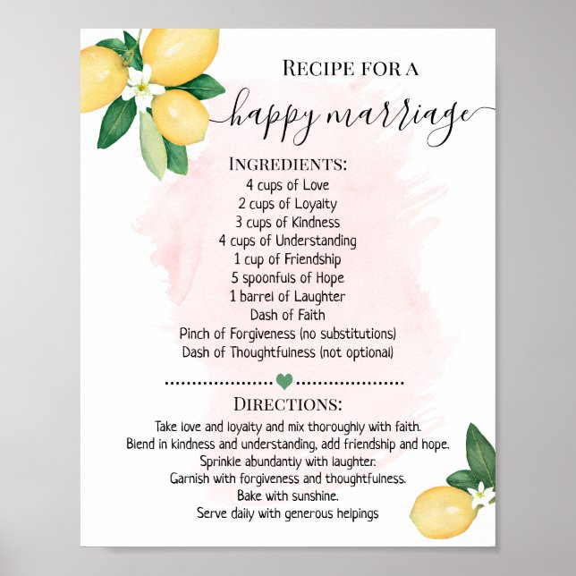 Affiche Recette pour un mariage heureux Citron rose douche (Devant)