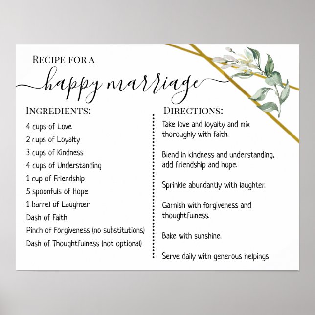 Affiche Recette pour un mariage heureux en or vert nouveau (Devant)