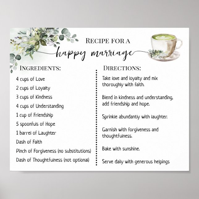 Affiche Recette pour un mariage heureux Greenery Matcha (Devant)