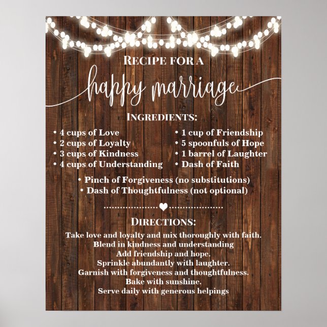 Affiche Recette pour un mariage heureux Mariage cadeau pay (Devant)
