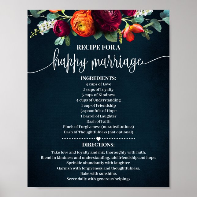 Affiche Recette pour un mariage heureux Mariage cadeau Vin (Devant)