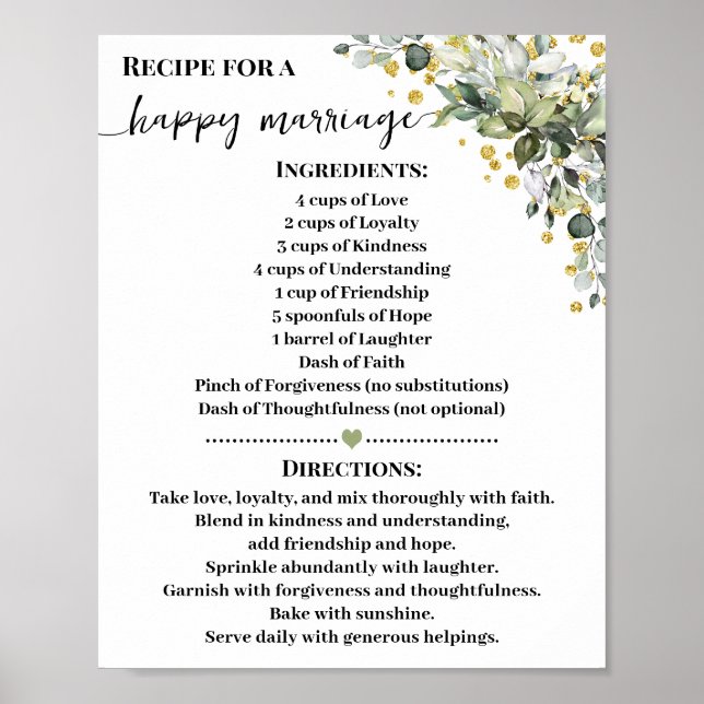 Affiche Recette pour un mariage heureux vert verte cadeau  (Devant)