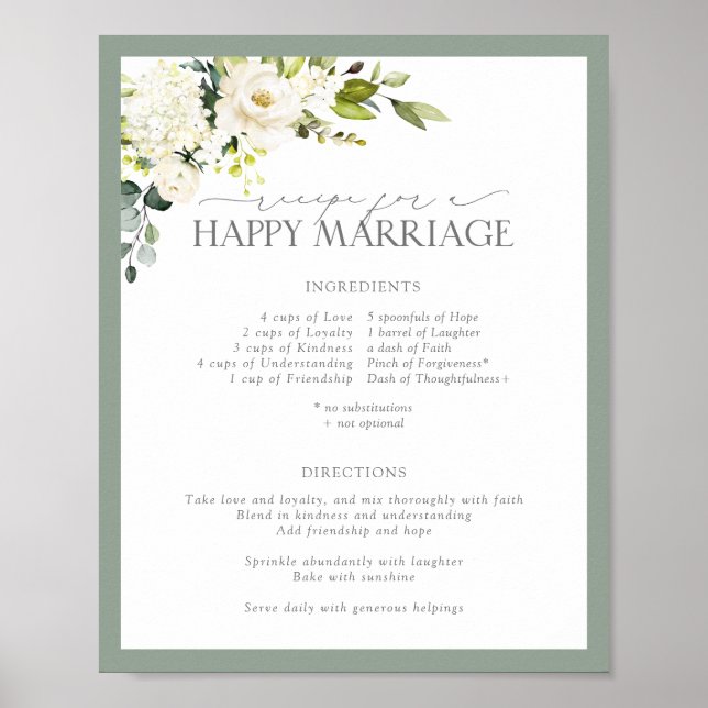 Affiche Recette verte gris blanc pour un mariage heureux (Devant)