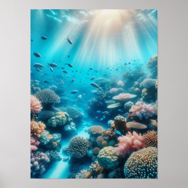 Affiche Récif océanique et rayons de soleil (Devant)