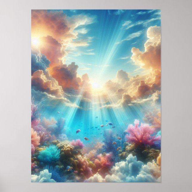 Affiche Récif tropical avec rayons de soleil (Devant)