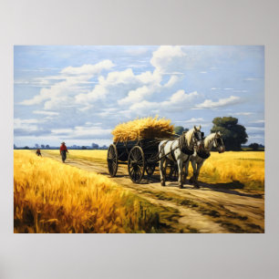 Affiche Récolte de céréales avec un chariot tiré par des c