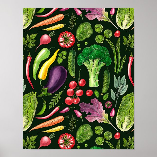 Affiche Récolte de légumes et d'herbes sur le noir (Devant)