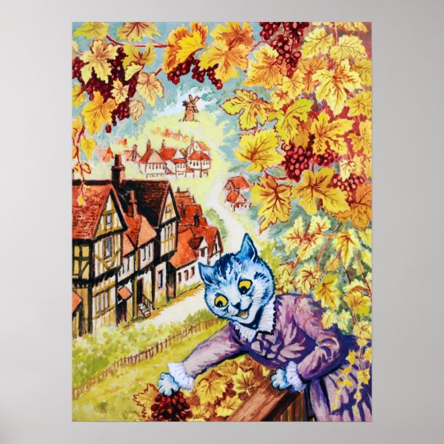Affiche Récolte de raisins sur le balcon, Louis Wain (Devant)