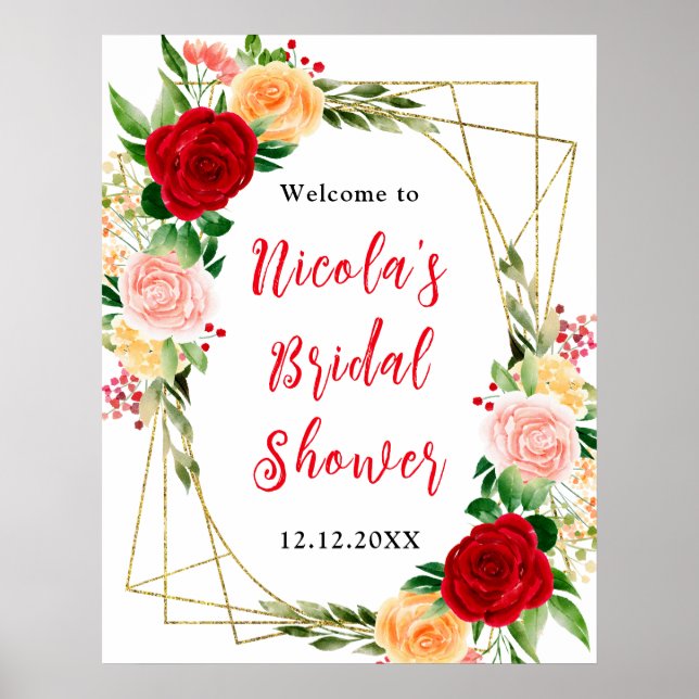 Affiche Red and Orange Roses Bridal Shower Welcome (Devant)