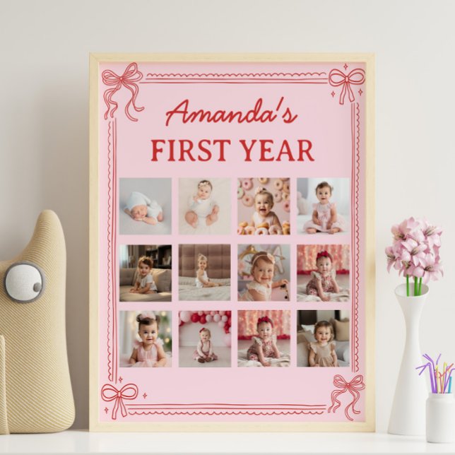 Affiche Red and Pink Bow Cake Birthday Photo Milestone (Créateur téléchargé)