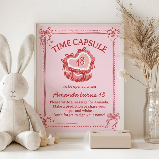 Affiche Red and Pink Bow Cake Birthday Time Capsule Sign (Créateur téléchargé)