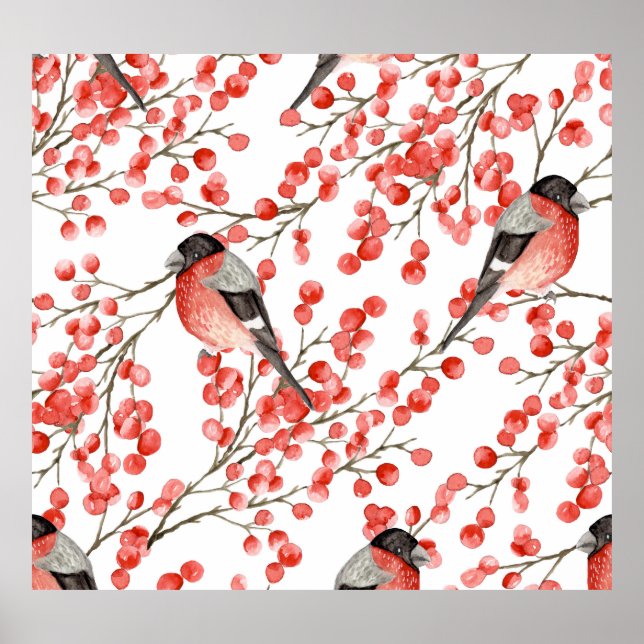 Affiche Red Berries Bullfinches Motif aquarelle (Devant)