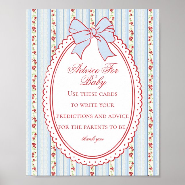 Affiche Red & Blue Vintage Fancy Floral Advice Baby Shower (Devant)
