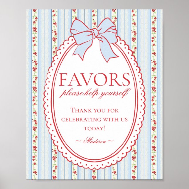 Affiche Red & Blue Vintage Fancy Floral Favors Sign (Devant)