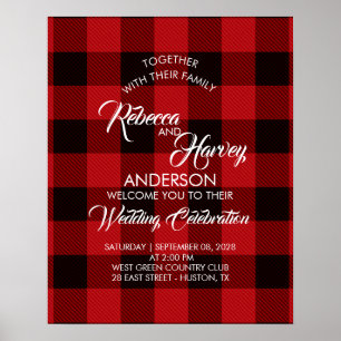 Affiche red buffalo plaid rustic winter wedding welcome