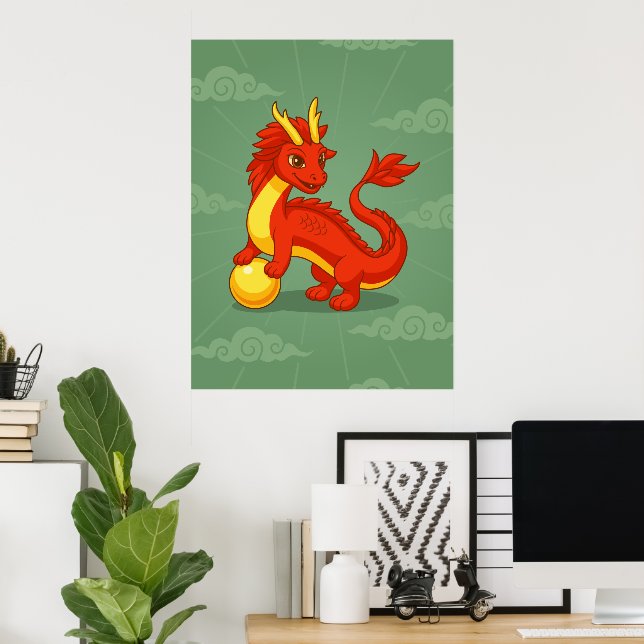 Affiche Red Chinese Dragon on Green (Bureau à domicile)