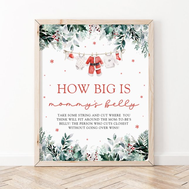 Affiche Red Christmas Père Noël Baby How Big Is Maman's Be (Watercolor Red Christmas Santa Baby How Big Is Mommy's Belly Sign)