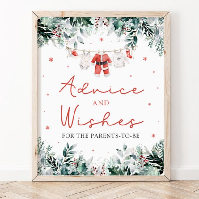 Affiche Red Christmas Père Noël Baby shower Conseils et so (Watercolor Cute Red Christmas Santa Baby Shower Advice and Wishes Sign)
