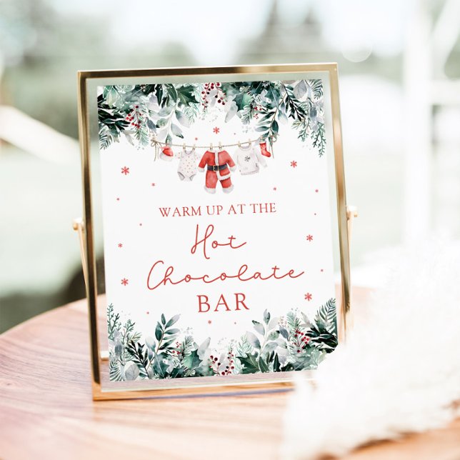Affiche Red Christmas Père Noël Baby shower Hot Chocolat B (Watercolor Red Christmas Santa Baby Shower Hot Chocolate Bar Sign)
