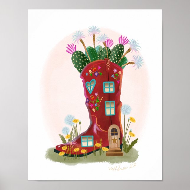 Affiche Red Cowboy Boot and Cactus House Art Print (Devant)