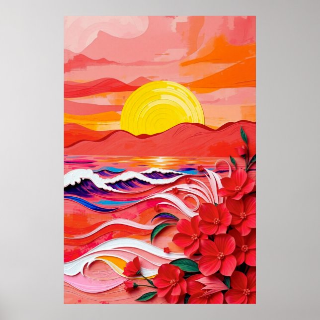 Affiche Red Floral Coast Quilling Art with Sunrise Waves & (Devant)