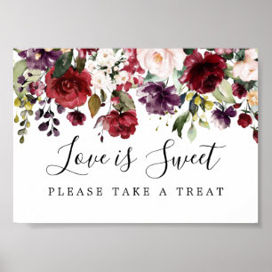 Affiche Red Floral Love is Sweet Mariage Dessert Bar Sign