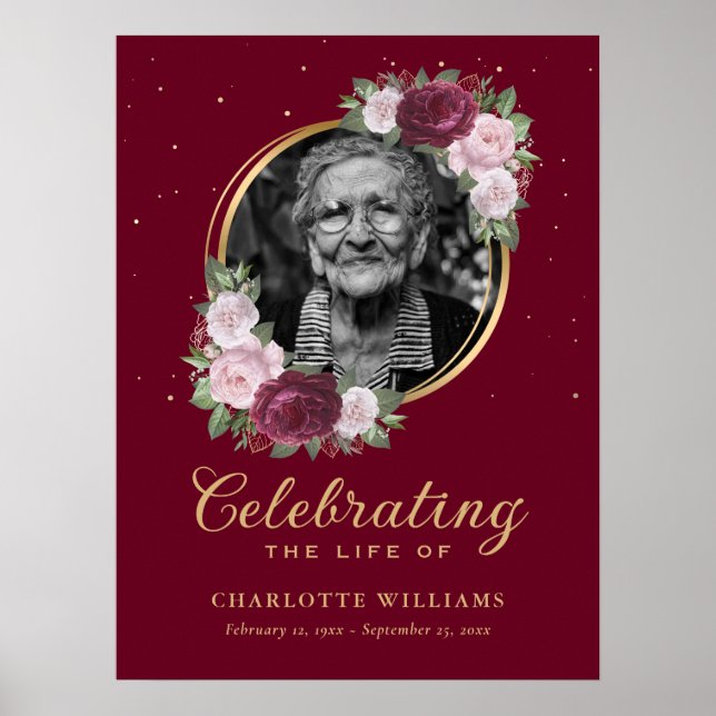 Affiche Red Floral Photo Celebration of Life Funeral Sign (Devant)
