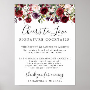Affiche Red Floral Signature Cocktails Wedding Bar Sign