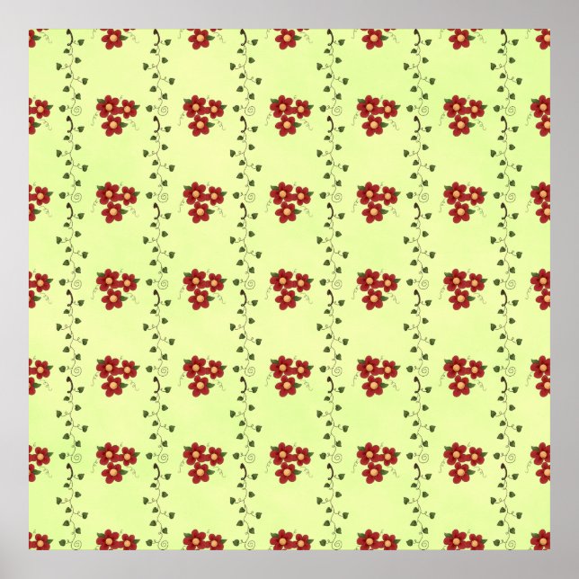 Affiche Red Floral Vine Pattern on Light Green (Devant)