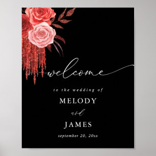 Affiche Red Floral Wedding Welcome Sign - Black