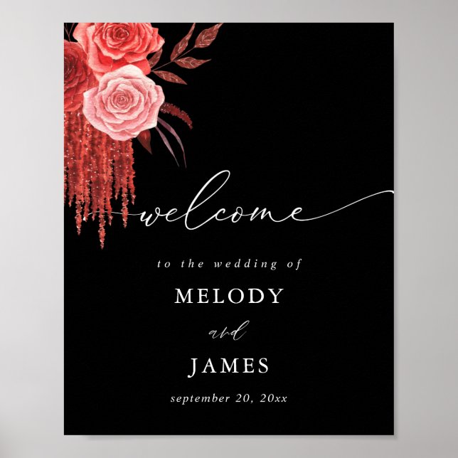 Affiche Red Floral Wedding Welcome Sign - Black (Devant)