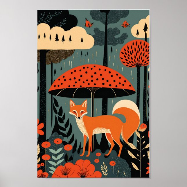 Affiche Red Fox Woods Art moderne scandinave danois (Devant)