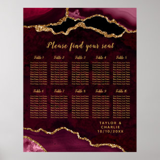 Affiche Red Gold Agate Wedding Seating Chart 10 Table