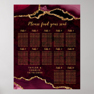 Affiche Red Gold Agate Wedding Seating Chart 12 Table