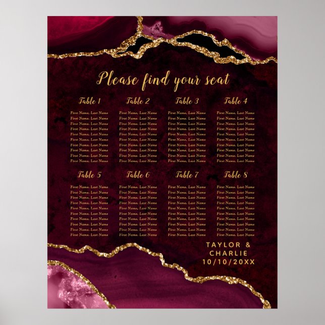 Affiche Red Gold Agate Wedding Seating Chart 8 Table (Devant)