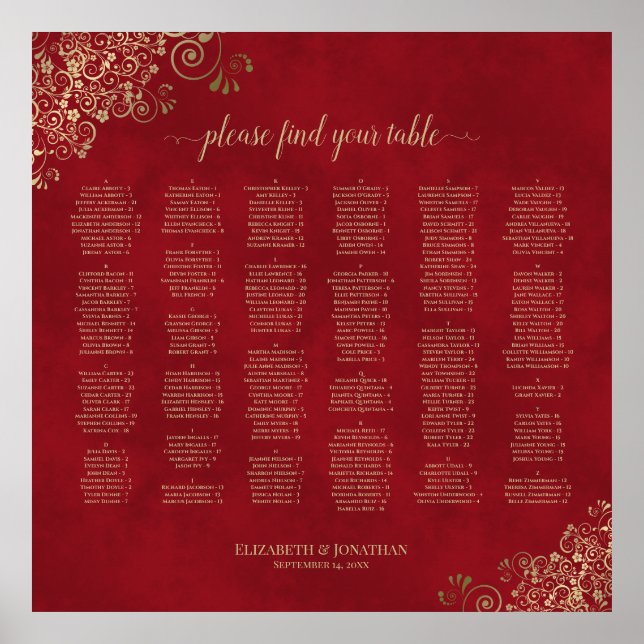 Affiche Red & Gold Alphabetical Wedding Seating Chart (Devant)