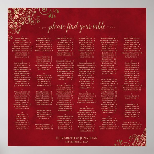 Affiche Red & Gold Alphabetical Wedding Seating Chart (Devant)