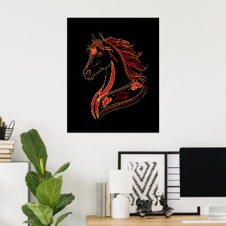Affiche Red & Gold Horse with Lotus, Spiritual Symbolic