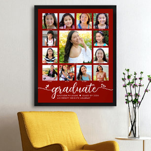 Affiche Red Graduation K-12 Photo Collage Script moderne