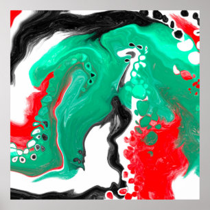 Affiche Red, Green, Black and White Marble Fluid Art   