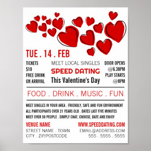 Affiche Red Hearts, Speed Dating Evénement Publicité