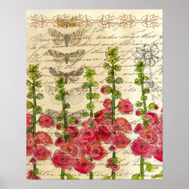 Affiche Red Hollyhocks Apple Blossom Butterfly Collage (Devant)